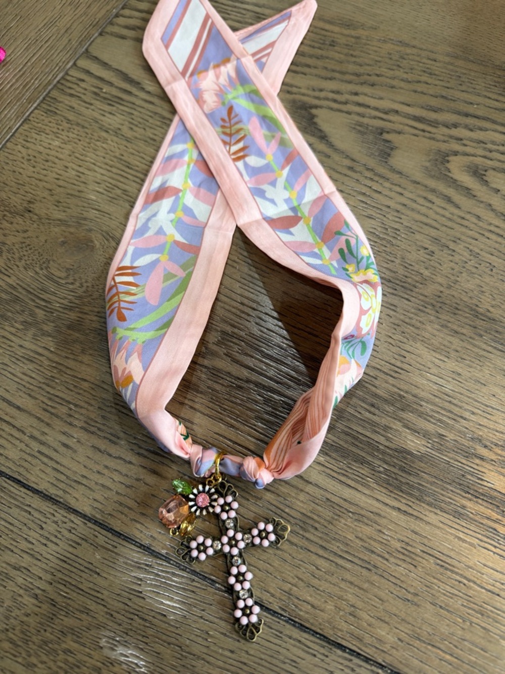 Vintage Style Cross Twilly Reversible Silk Scarf Necklace Handmade from Boutique